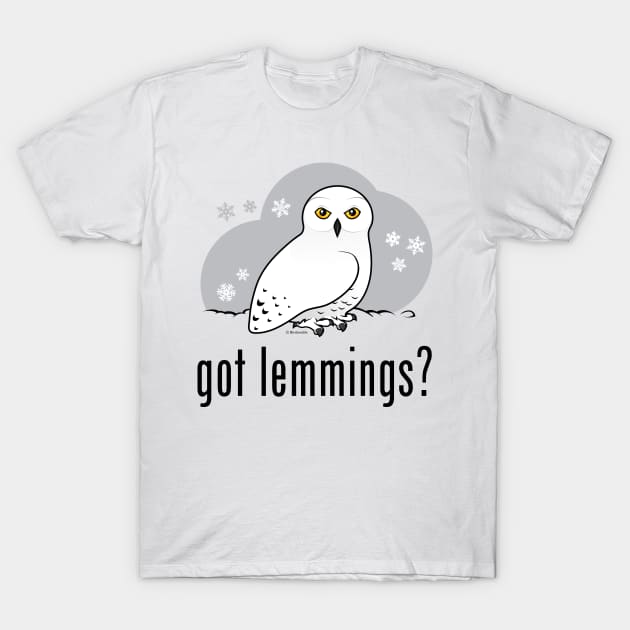 Funny Cartoon Snowy Owl: got lemmings? T-Shirt by birdorable